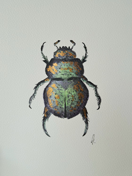Image 1 of Watercolor painting Scarab green gold | Gold-colored frame