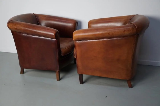 Image 1 of Vintage Nederlandse clubfauteuils van cognackleurig leer, set van 2