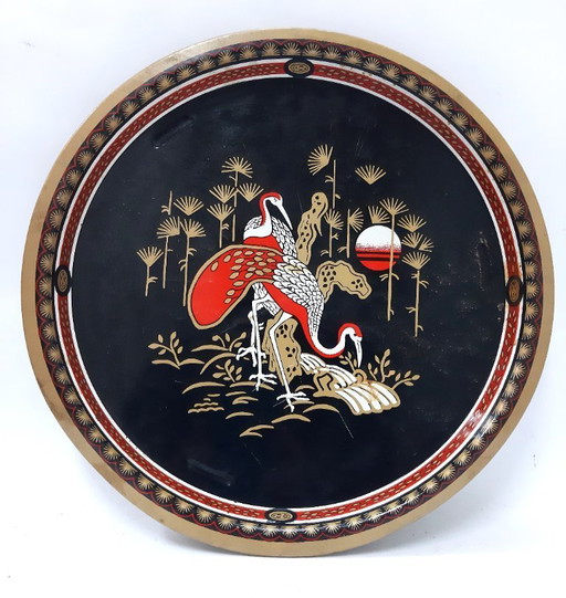 Vintage asiatisches Serviertablett aus Zinn, 32 cm