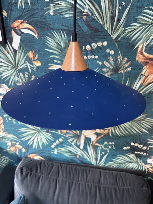 Magnifique suspension Herda vintage – Design milieu du siècle (Bleu/Bois)