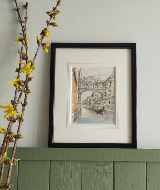 The Bridge of Sighs, Venice - Watercolor drawing dated 1990, signed and framed