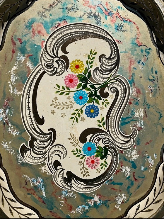 Baret Ware Vintage English Serving Tray, 1960s Mid-Century Floral Design, Table accessories, Metal, Black (photo 3 of 7)