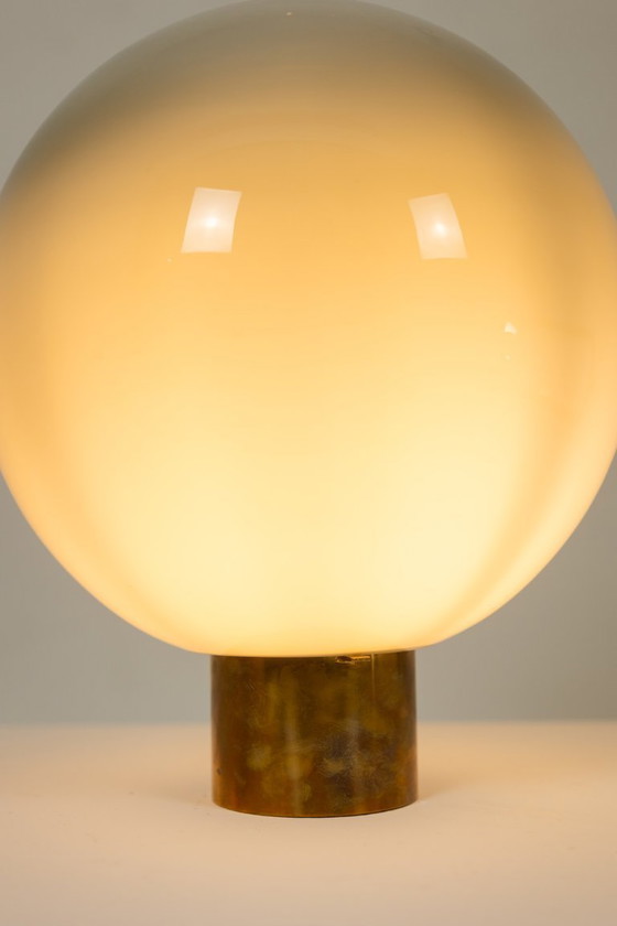 Image 1 of Globe lamp in opalescent glass and patinated bronze. Contemporary.