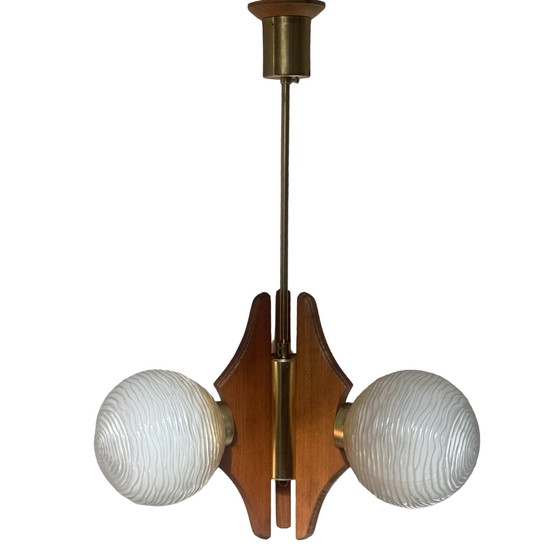 Image 1 of Hanging pendant - Model Sputnik - Wooden base, brass details and three glass domes - Mcm / Space Age Design