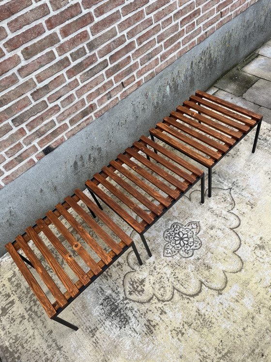 Unique set of three vintage mid-century MCM slat benches – Side tables, Wood, Metal (photo 4 of 11)