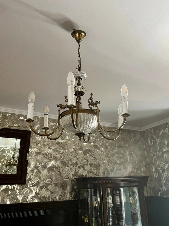 Image 1 of Unikat! Echter Jugendstil-Leuchter mit Glasschale und Fischen aus Messing. Ca. 1915