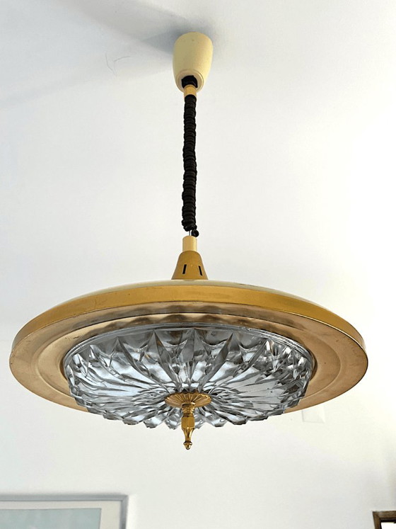 Mid Century Modern Retractable Metal And Pressed Glass Pull Down Pendant Lamp, 1960s-70s (photo 3 of 15)