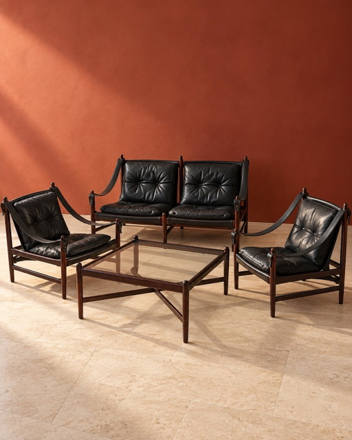 Black Full-Grain Leather Scandinavian Safari Seating Area Set – 1960s