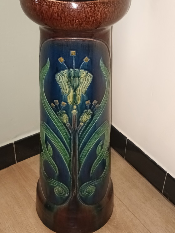 Image 1 of Antique cache-pot and column Flemish pottery