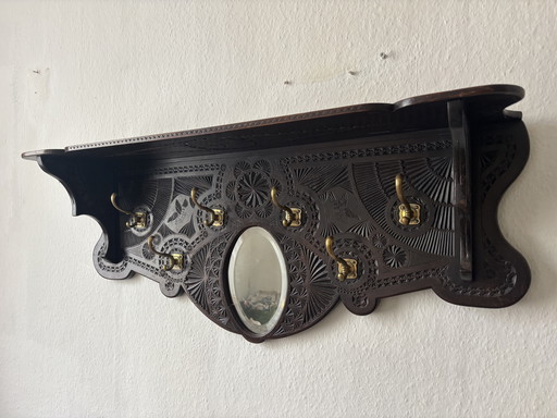 Unique antique wooden coat rack with mirror