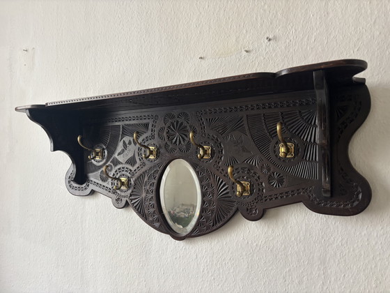 Image 1 of Unique antique wooden coat rack with mirror