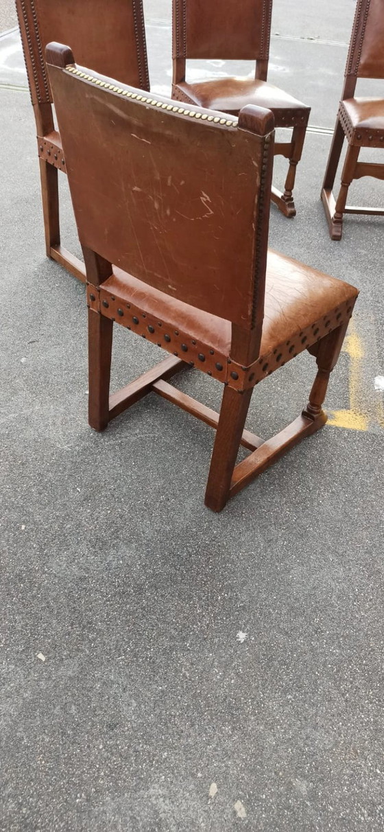 Image 1 of 6 x vintage  Spanish solid wood and leather dining chairs