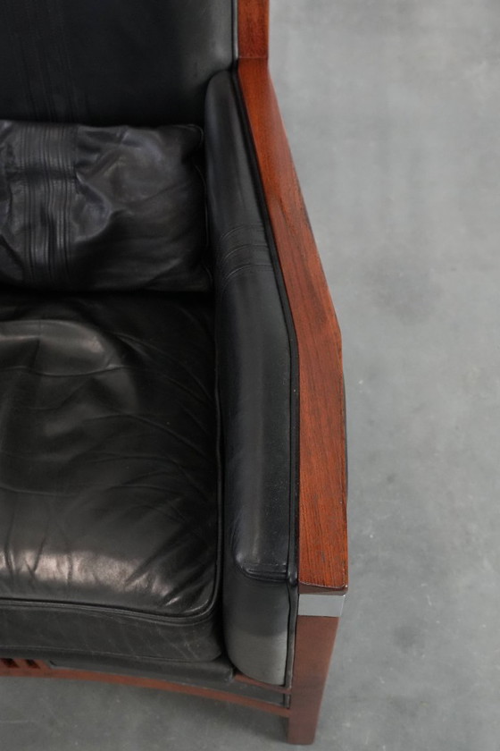 Image 1 of Zwarte Art Deco rundleren en houten Schuitema design fauteuil uit de Decoforma serie met een hoge rug