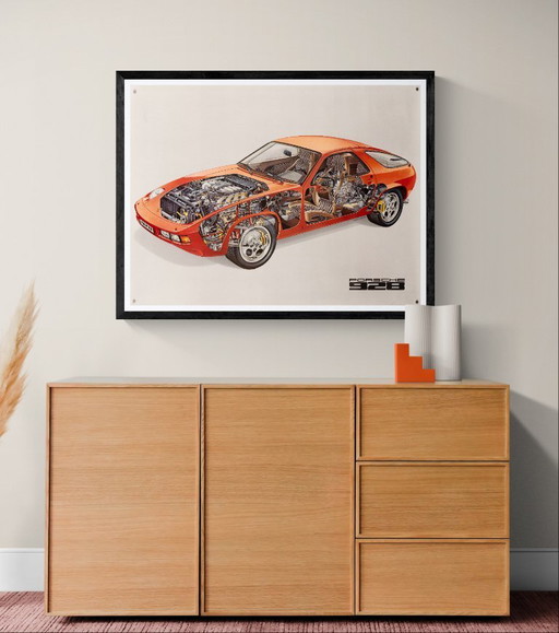 Porsche 928 Rot, Schnittzeichnung – Originales Vintage-Porsche-Poster aus den 1980er Jahren – Automobilkunst – 76 x 102 cm