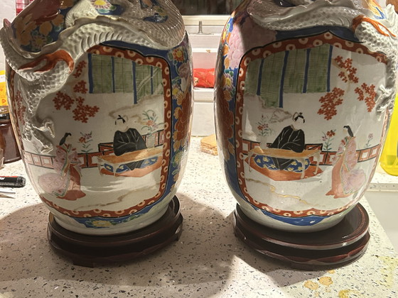 Image 1 of Japanese Hizen Shinpo porcelain maker's mark set of two vases 