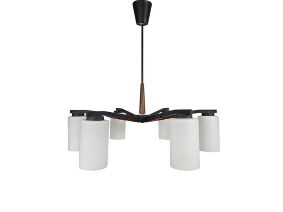 Image 1 of Vintage - Denmark - 6-armed ceiling lamp - teak - metal - opal glass - 60's