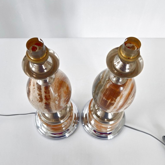 Image 1 of PAIR OF VINTAGE 1970S EGG LAMPS IN MARBLE & CHROME STEEL DLG MAISON BARBIER