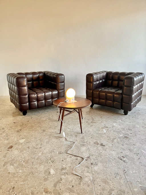2 Kubus loungestoelen | Josef Hoffmann-stijl | Donkerbruin leer