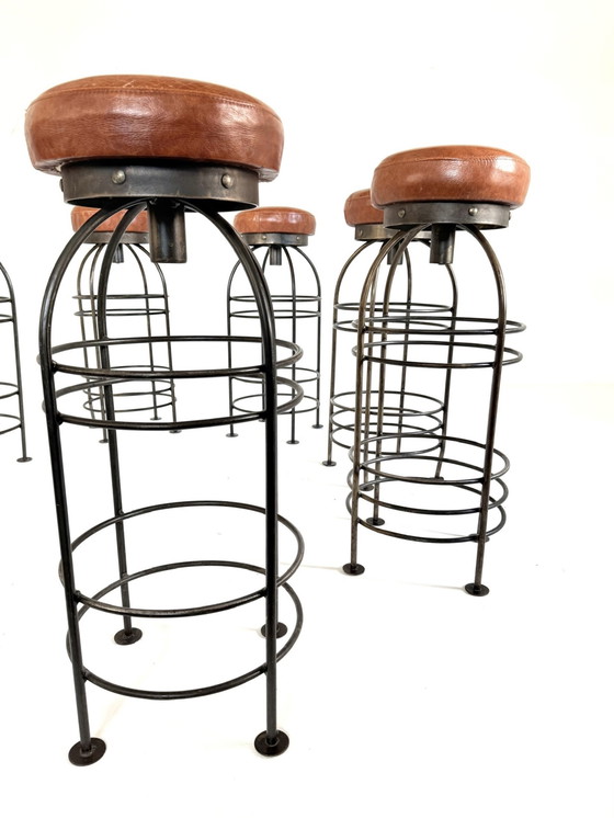 Image 1 of 8x vintage bar stool, wrought iron & leather '80s