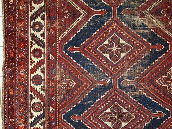 Image 1 of Handgemaakt antiek Perzisch Shiraz-tapijt met een verweerde look, 152 cm x 342 cm, 1900 - 1C464