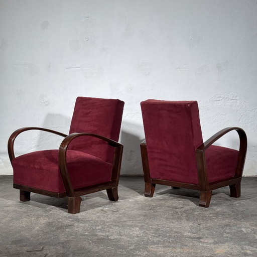 Debreceni-Style Hungarian Art Deco Armchairs, Pair, 1950s – fauteuils, Velvet, Wood