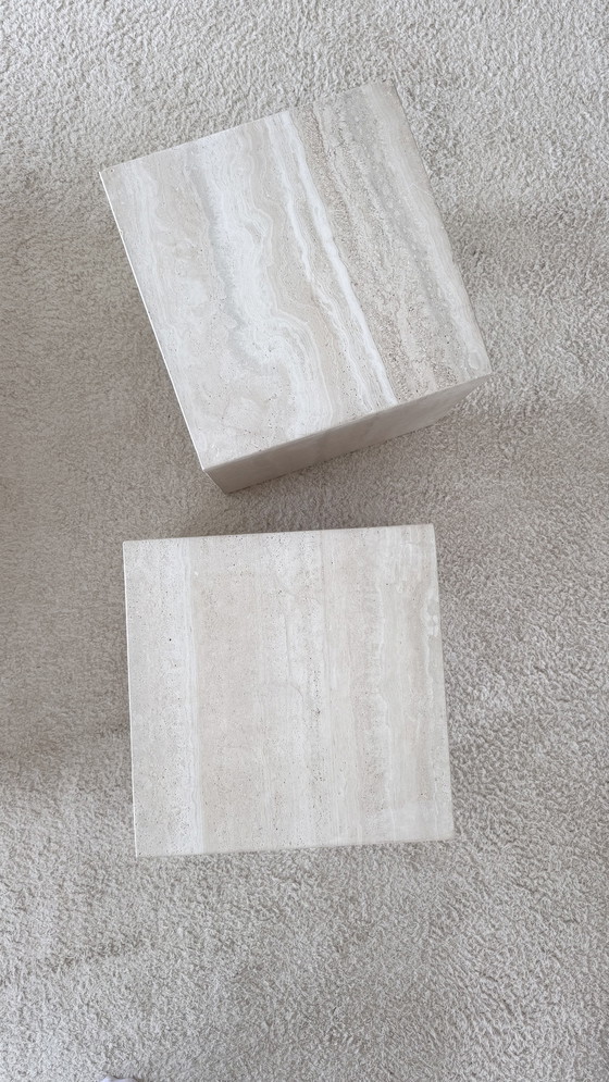 Image 1 of 2 Travertine side tables made of natural stone - Minimalist design, timelessly elegant