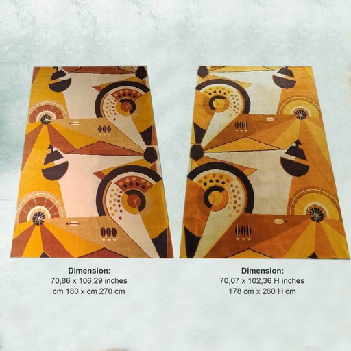 Coppia di tappeti/arazzi francesi in pura lana, di ispirazione costruttivista, risalenti agli anni '50, estremamente rari.