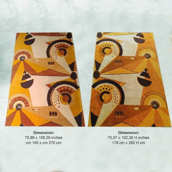 Image 1 of Coppia di tappeti/arazzi francesi in pura lana, di ispirazione costruttivista, risalenti agli anni '50, estremamente rari.