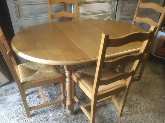 Tavolo rotondo & 4 sedie con seduta in giunco in rovere e faggio – Tavoli da pranzo, Vintage (photo 11 of 13)