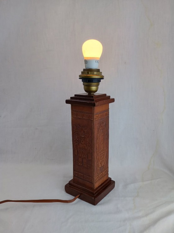 Image 1 of Vintage 1960s Leather Totem Lamp Angel L. Pazmino Aztec Inca maya Brutalist Design, Mid Century Modern Muebles De Estilo