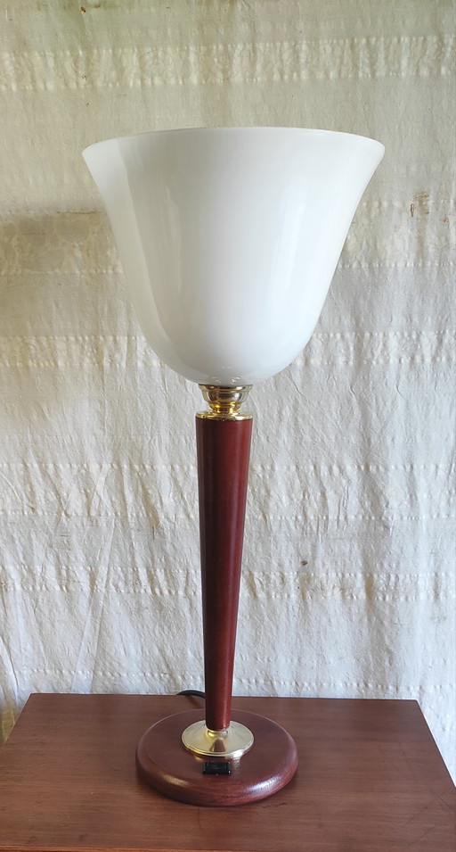 Mazda-style table lamp in wood and opaline glass - mid-20th century