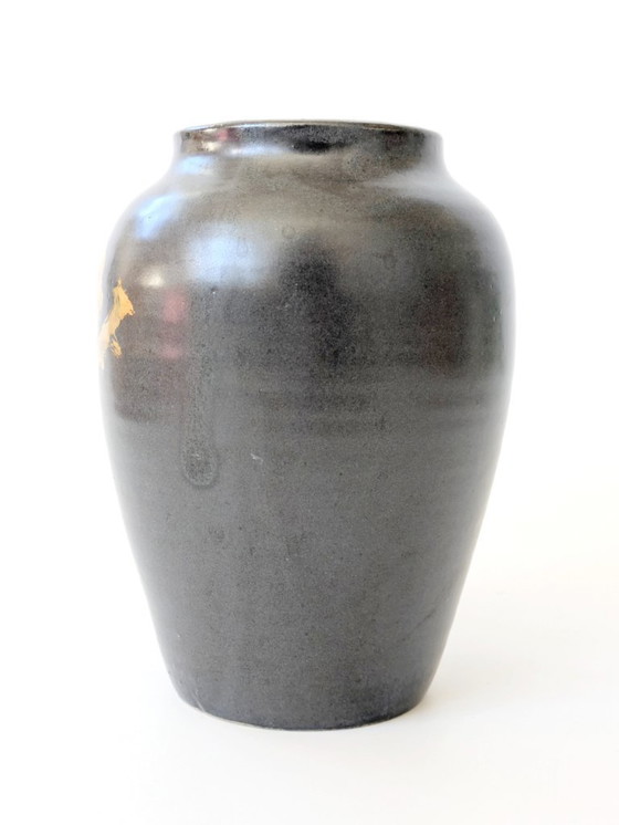 Image 1 of Vintage Studio Aardewerk Amfora Vaas | Zwart & Goud Glazuur | Japandi Minimalistisch Keramiek