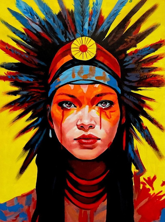 Image 1 of Alberto Ricardo - Unique Indian Face - Artist's Canvas Under Glass