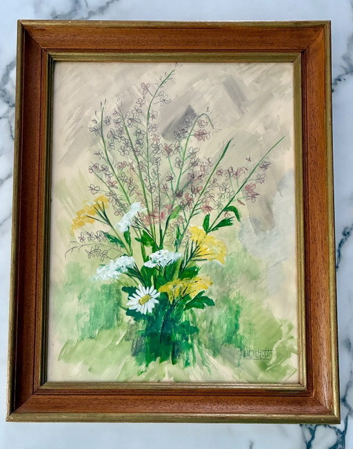 Antique painting of a bouquet of wildflowers