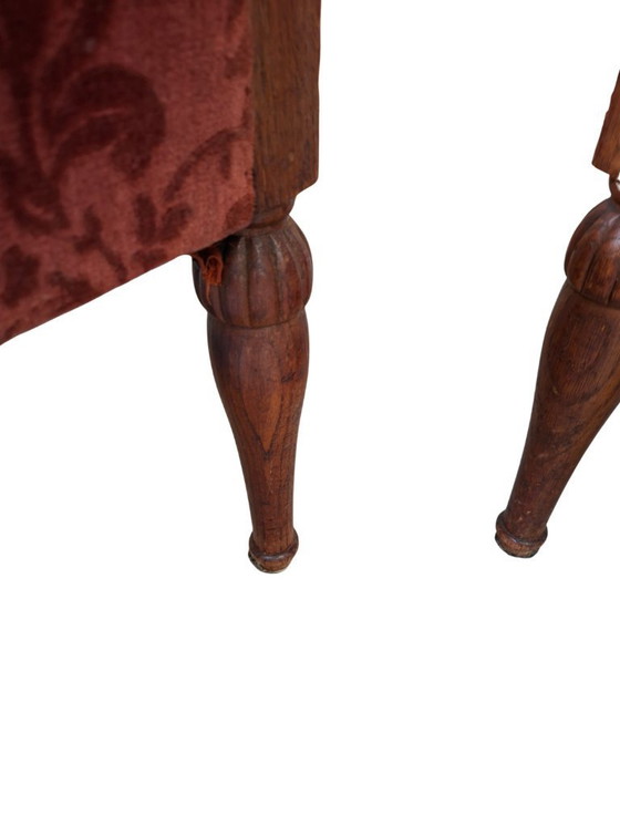 Image 1 of Élégante paire de fauteuils vintage en chêne et velours damassé des années 1960