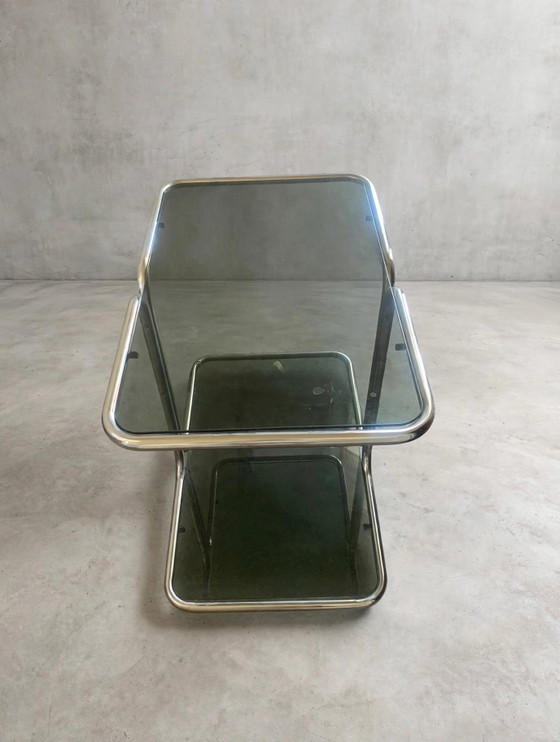 Vintage Side Table Trolley With Smoked Glass and Chrome on Wheels, 1970s - Space Age – Bar carts, Metal (photo 7 of 9)