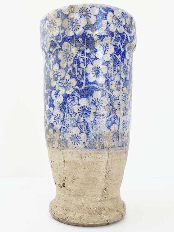 Image 1 of MAGNIFICENT VERY OLD TERRACOTTA CERAMIC VASE WITH BLUE & WHITE FLOWERS
