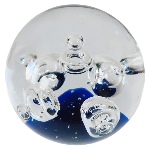 Pisapapeles esférico grande de cristal vintage, cristal, burbujas de aire, azul