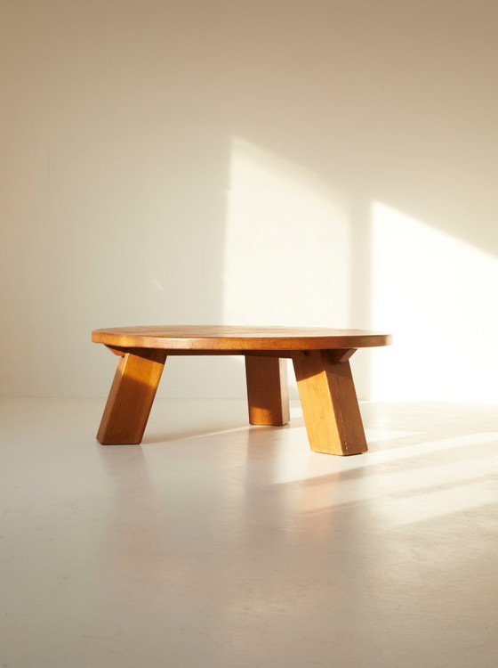Image 1 of Vintage Brutalist round tripod coffee table in solid oak, circa 1960