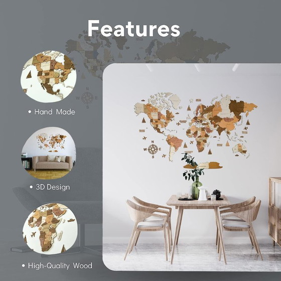 Image 1 of Carte du monde en bois 3D Art Large Wall Decor - Taille (M, L, XL) Idée de cadeau pour toute occasion - Art mural pour la maison