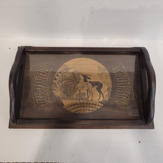 Image 1 of Tablett mit Antilopenschnitzerei, Holz, Art Deco, ps XX - Frankreich