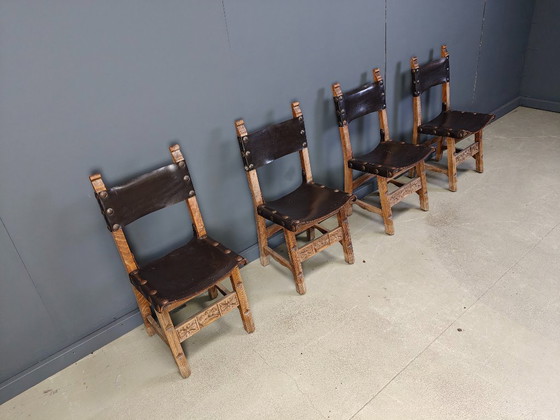 Image 1 of Vintage brutalist leather spanish dining chairs, 1960s