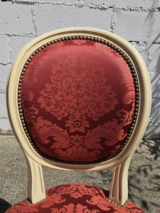 Image 1 of Set van 4 antieke Franse damaststoelen met medaillonmotief - gestoffeerde Louis XVI-stoelen - jaren 1900