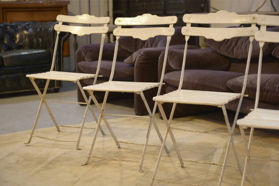 Set of 4 folding garden chairs from the 1960s. – Garden furniture, Wood, polished steel, Vintage (photo 5 of 10)