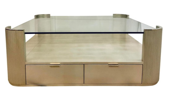 Image 1 of Caracole Modern Champagne Silver Square Coffee Table with Fluted Design, Large Contemporary Cocktail Table for Living Room