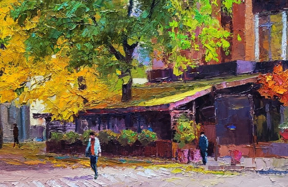 Image 1 of Original Oil Painting City Urban Life Cafe Wine and Friend