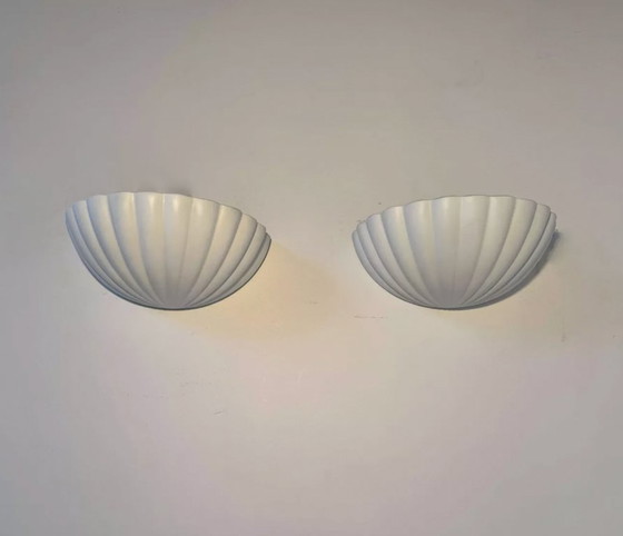 Image 1 of Paire d'appliques vintage coquillage, blanc mat, France 1970