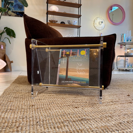 Image 1 of Zeitschriftenhalter aus Plexiglas im Stil der Mitte des 20. Jahrhunderts mit Messingdetails