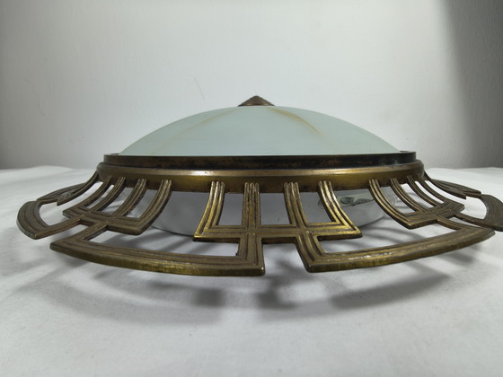 Image 1 of Vintage ceiling lamp with glass shade and metal frame
