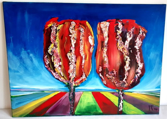 Image 1 of JM gesigneerd schilderij met Titel Tulpenveld